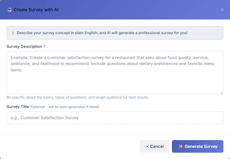 The SurveyIQ Create Survey with AI dialog, with a plain-English survey description field and a Generate Survey button.